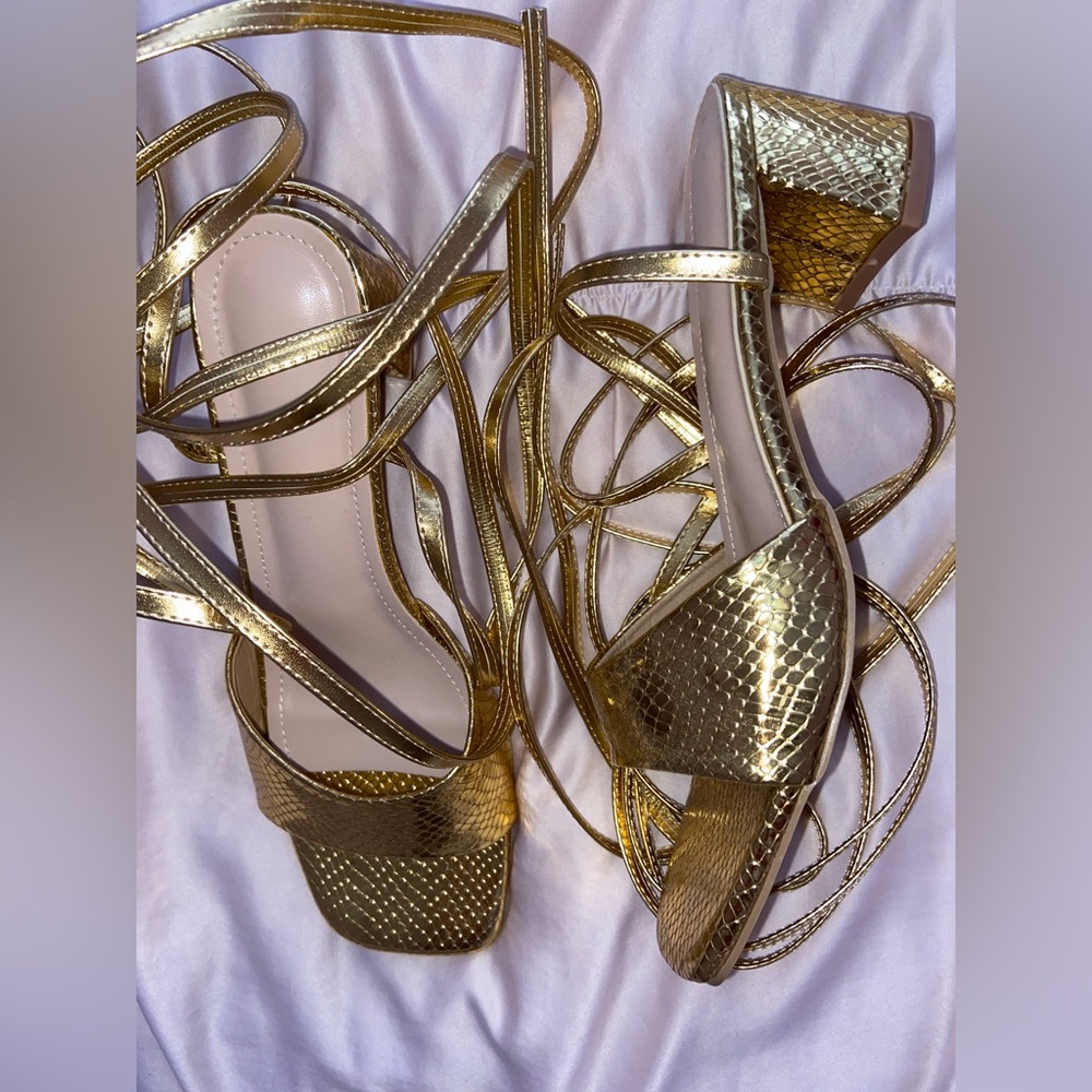 Snakeskin embossed lace up chunky heeled gold sandals